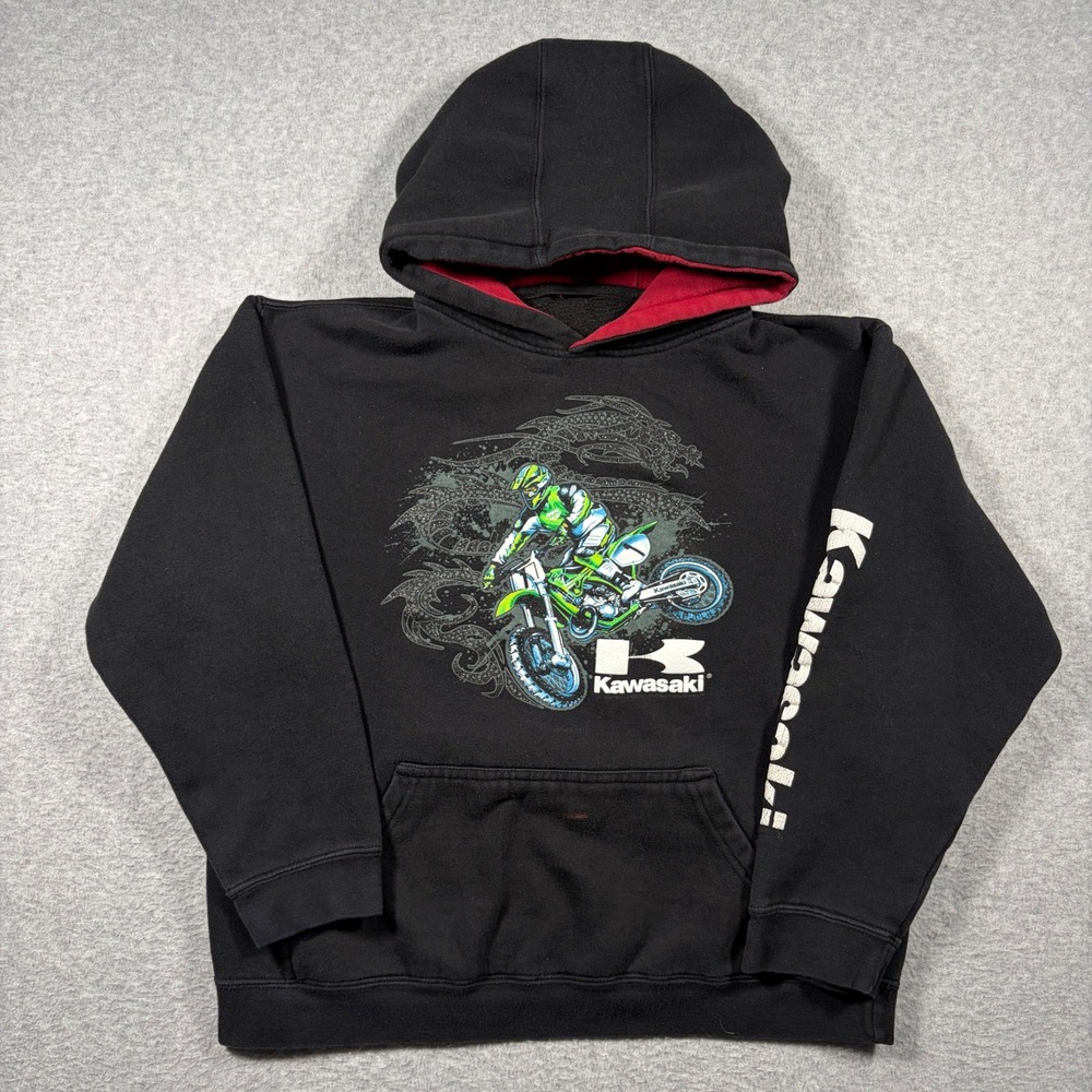 Kawasaki Hoodie Kids Large? Black Y2K 2000s Motocross Racing Graphic Pullover